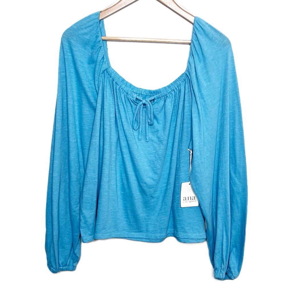 NWT Ana A New Approach Women's Square Neck Long Sleeve Tie Boho Blouse Top‎ Blue